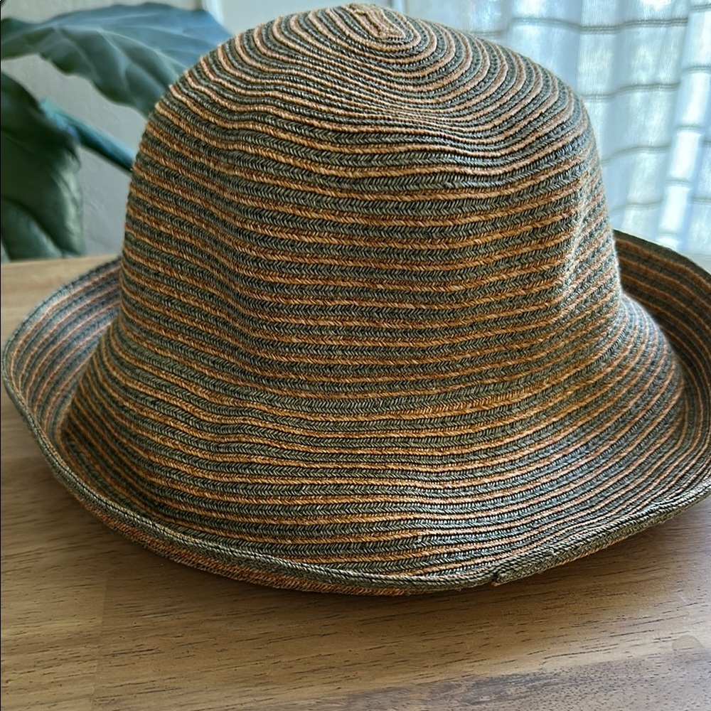 Eric Javits Striped Tan and Green straw hat